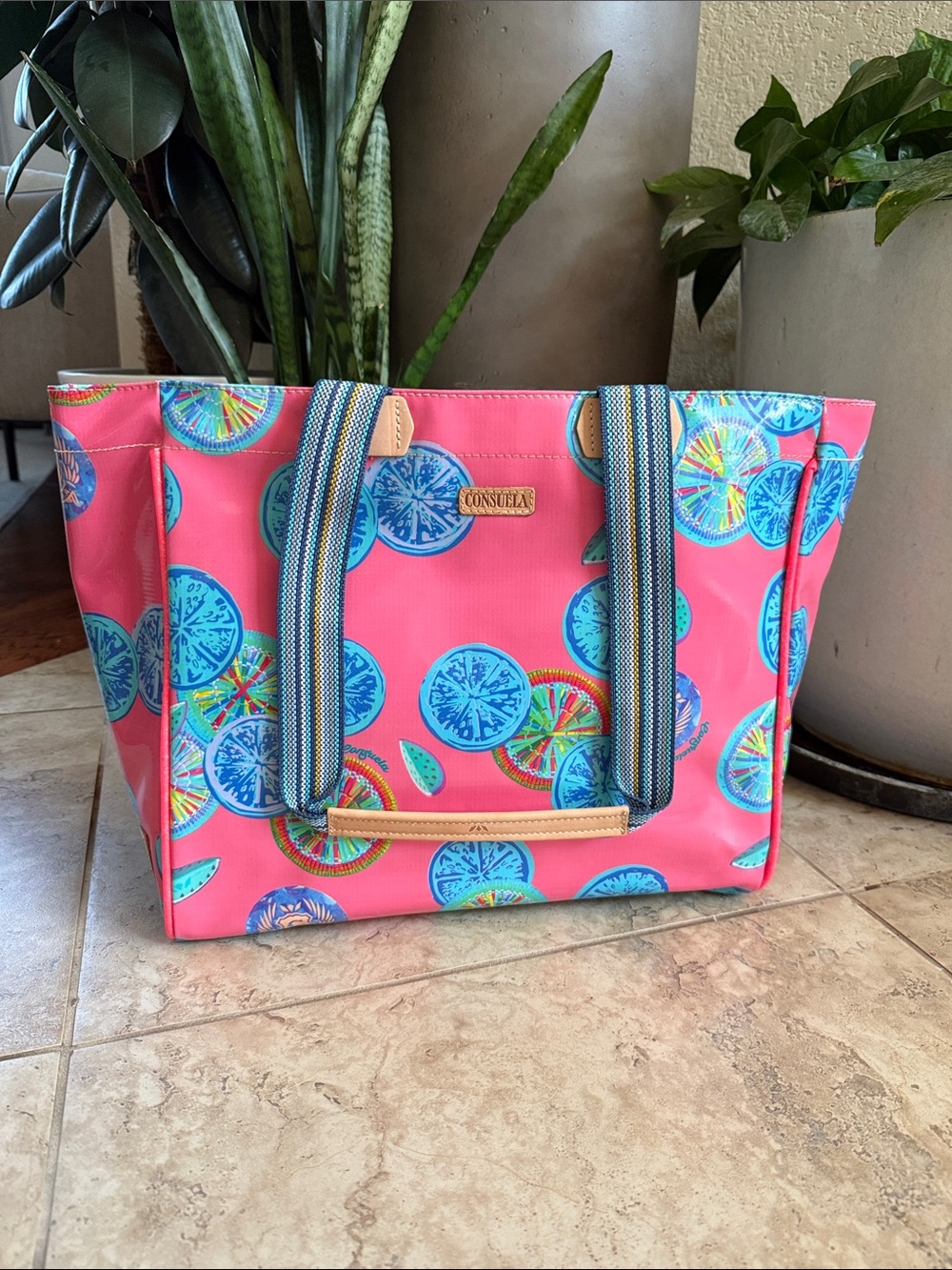 BRAND NEW Consuela Coral Pink Citrus Print Tote with Blue Accents